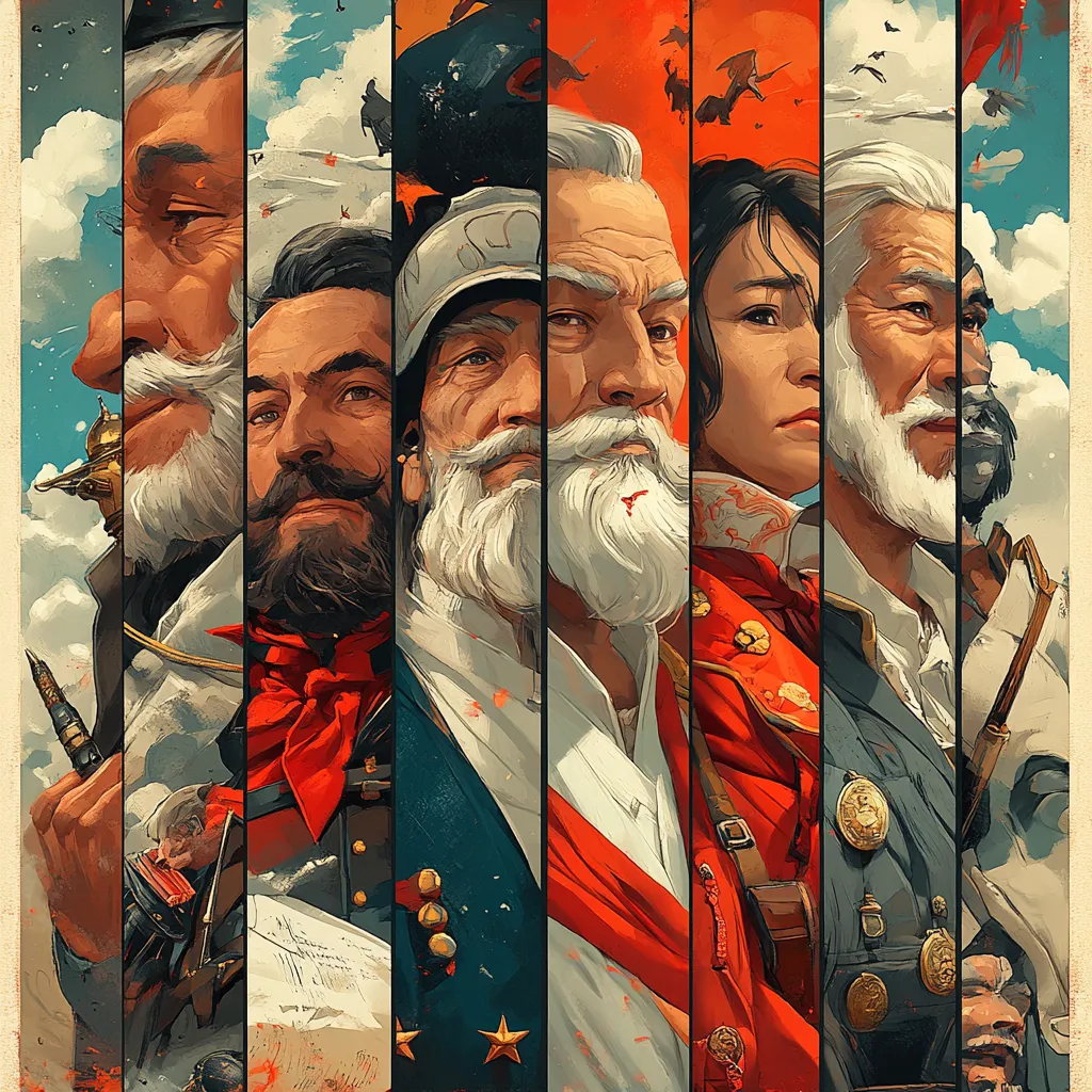 Historical figures representing diverse fields of knowledge Collage of historical figures including philosophers, scientists, and leaders from various eras